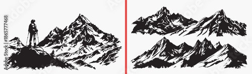 mountain landscape illustration, mountain silhouette art, nature scenery clipart, hand drawn mountain sketch, outdoor adventure illustration, mountain outline drawing, landscape illustration pack, nat