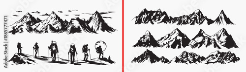 mountain landscape illustration, mountain silhouette art, nature scenery clipart, hand drawn mountain sketch, outdoor adventure illustration, mountain outline drawing, landscape illustration pack, nat