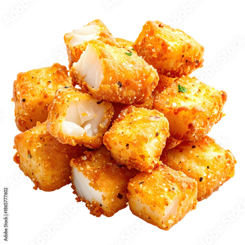 Savory golden salted cod bites isolated on white background, a traditional fried appetizer or snack from mediterranean and portuguese cuisine