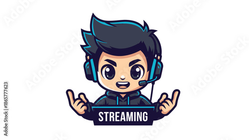 Cute cartoon boy gamer with headphones and microphone streaming.