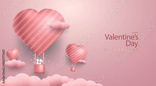 Valentine’s Day Romantic Background with Heart Shaped Hot Air Balloons and Couple Silhouette, Vector Illustration.