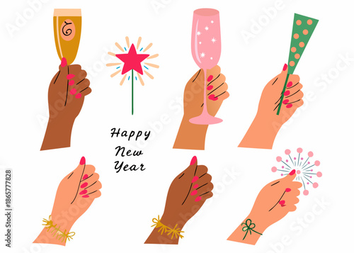 Celebratory hands holding champagne flutes sparklers and festive new year elements