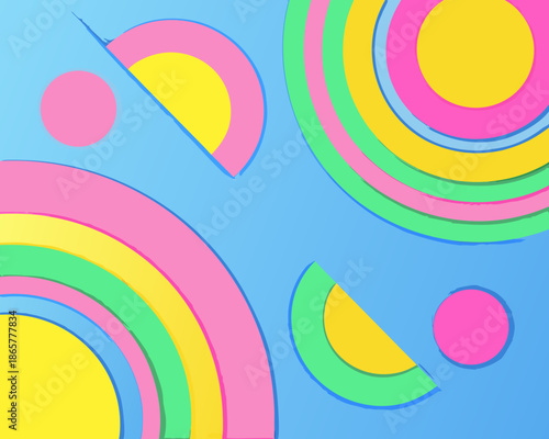 Colorful abstract arrangement of overlapping curved shapes on a blue background