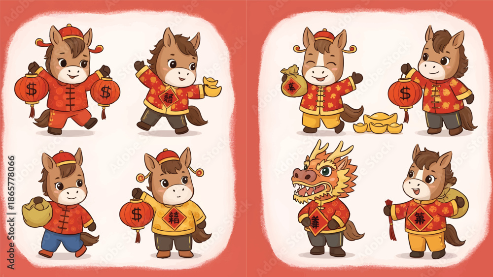 Obraz premium Joyful Cartoon Horses And Dragon Celebrating Lunar Festival