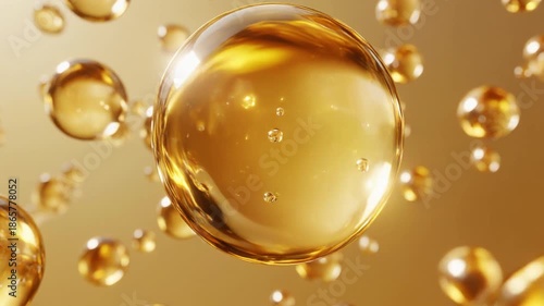 Golden Serum Bubbles Floating in Air – Luxury Cosmetic Background
