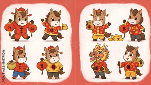 Joyful Cartoon Horses And Dragon Celebrating Lunar Festival