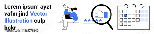 Business analysis, customer feedback, productivity, planning, organization, evaluation. Person analyzing data, star rating magnified and a calendar. Business analysis and customer feedback concepts