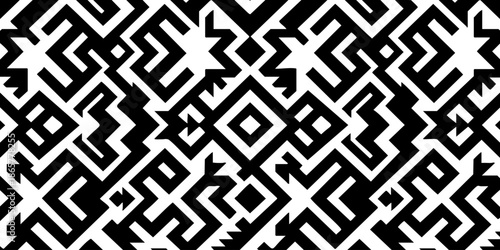 Geometric pattern featuring abstract shapes and designs in black and white