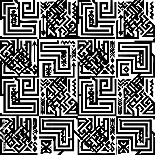 Intricate black and white geometric pattern featuring maze-like designs and abstract shapes