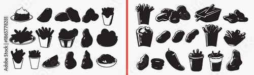 food silhouette icons, kitchen object graphics, culinary black shapes, food preparation symbols, cooking ingredient icons, restaurant design elements, meal silhouette pack, food object collection, kit