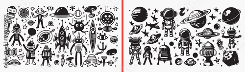 cute space doodles, fantasy cartoon illustration, space clipart set, hand drawn space art, whimsical doodle drawings, cartoon space elements, cute galaxy illustration, space icon pack, doodle space co
