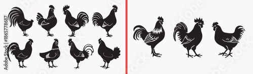 farm chicken icons, rooster bird vector, poultry illustration set, rural animal graphics, black rooster silhouettes, hen chicken symbols, agriculture bird pack, livestock poultry icons, farm life illu