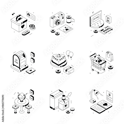 A handy set of love and romance isometric outline illustrations in modern style