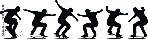 Six silhouettes of skateboarder performing ollie trick progression, showing crouch, jump, airborne motion, descent, and landing in urban skateboarding cultureSix silhouettes of skateboarder