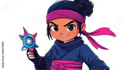 Cartoon Ninja Warrior with Shuriken Ready for Action.
