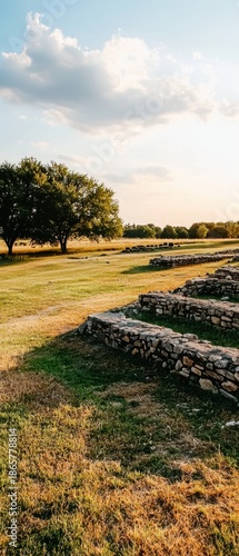 Serene Landscape with Stone Walls and Trees Under a Bright Sky
