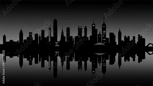 Dark silhouette of a modern city skyline reflected in still water at dusk.
