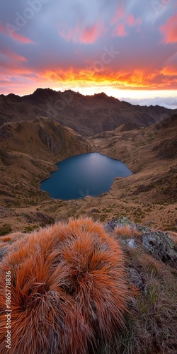 Breathtaking Sunset Over Mountains and Lake in Natural Landscape
