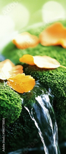 Tranquil Stream with Golden Leaves on Lush Green Moss Surface