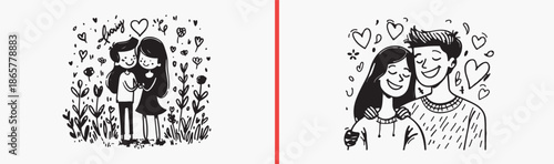 cute couple illustration, love cartoon characters, romantic couple drawing, hand drawn love icons, relationship illustration set, valentines couple art, happy couple graphics, wedding illustration ele