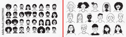 people face outline icons, human avatar line art, simple portrait drawings, male female face icons, character head vector set, profile illustration pack, minimalist face symbols, cartoon people outlin