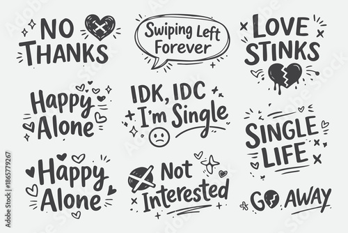 Hand Drawn Funny Anti Valentine Quotes in Sketch Typography Style