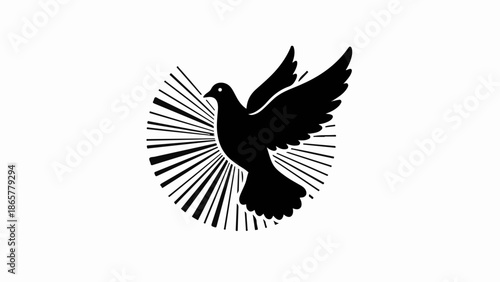 Silhouette of a dove in flight with radiating lines, symbolizing hope and peace.