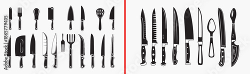 kitchen knife icons, chef knife illustration, cooking tool symbols, cutlery vector set, culinary knife pack, food preparation icons, professional kitchen tools, sharp knife graphics, restaurant utensi