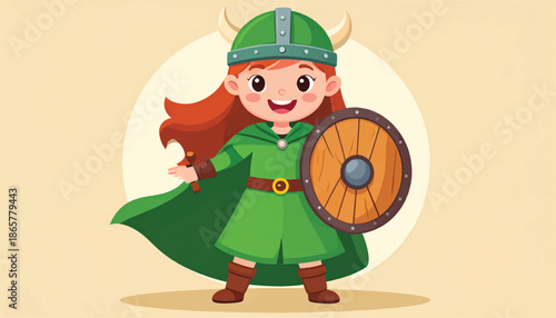 Cartoon Viking Girl Ready for Adventure with Shield.
