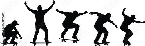 Five silhouettes of skateboarder performing ollie trick progression, showing crouch, jump, airborne motion, descent, and landing in urban skateboarding culture