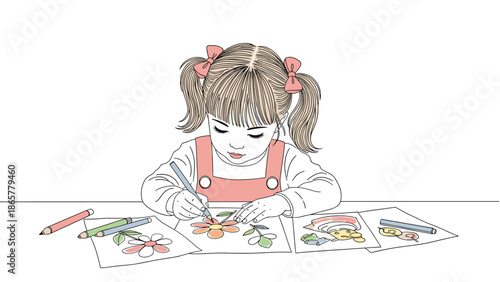 young girl with pigtails focused on coloring beautiful flowers with pencils at her desk, showcasing creativity and early childhood education.