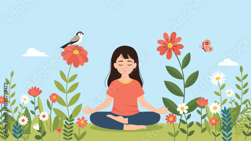 calm woman practicing yoga meditation in a lush garden filled with blooming flowers and butterflies under a clear blue sky for wellness.