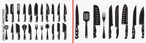 kitchen knife icons, chef knife illustration, cooking tool symbols, cutlery vector set, culinary knife pack, food preparation icons, professional kitchen tools, sharp knife graphics, restaurant utensi