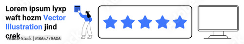 User experience, customer feedback, quality rating, online reviews, digital interface, content creation. Blue stars with a person and monitor. User experience and customer feedback concept