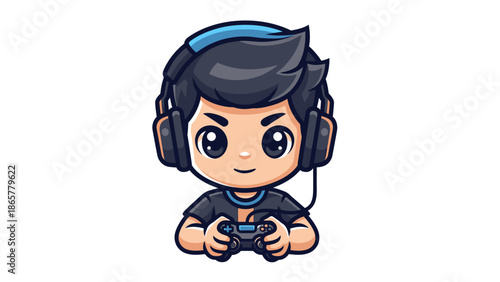 Cute cartoon boy gamer with headphones playing video games.