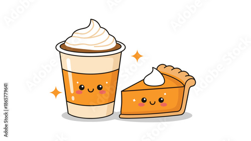 cute cartoon characters representing a pumpkin spice latte and a slice of pie with happy faces, celebrating autumn flavors and treats.