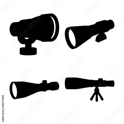Diverse optical instruments for observation and magnification displayed as black silhouettes