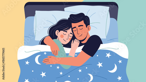 happy couple sleeping soundly in a cozy bed under a blue blanket decorated with stars and moons, showcasing intimacy and restful sleep.
