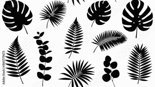 Diverse collection of tropical leaf silhouettes, creating a natural and elegant pattern for design.