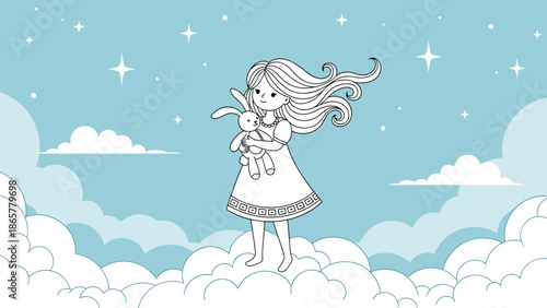 little girl in a white dress stands on fluffy clouds at night while holding her favorite stuffed bunny under a starry sky in a dream.