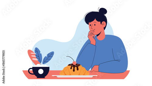 young woman sitting at a cafe table thoughtfully looks at a delicious chocolate croissant and a cup of coffee for a relaxing break.