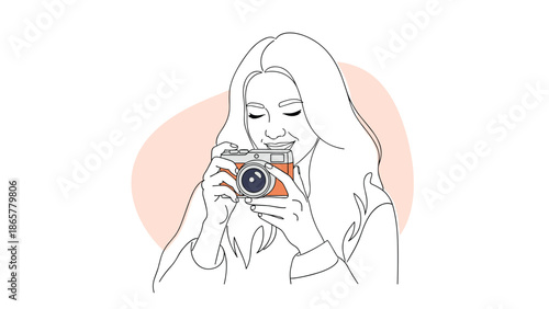 young woman holding a vintage film camera and smiling, capturing special moments with a classic photography style on a soft background.