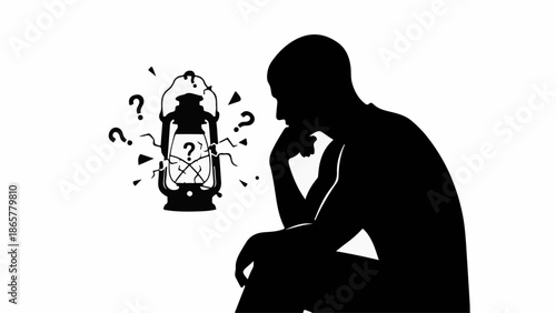 Silhouette of a man contemplating a lantern with question marks, symbolizing uncertainty and seeking answers.