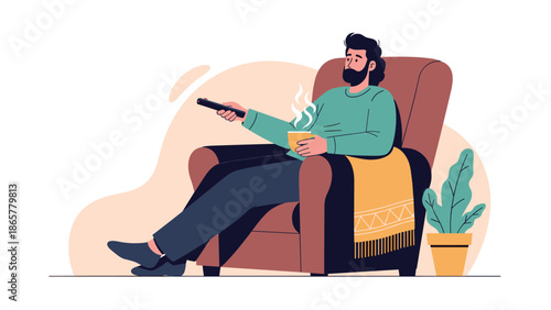 relaxed man with a beard sits in a comfortable armchair watching television while holding a warm mug of coffee in a cozy living room.