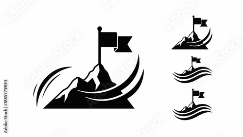 Triumphant flag planted atop a rugged mountain peak, symbolizing achievement and success.