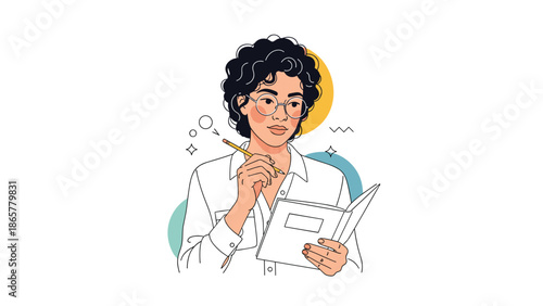 young woman with curly hair and glasses thoughtfully writes in her journal or notebook, showcasing creativity and focused work at home.