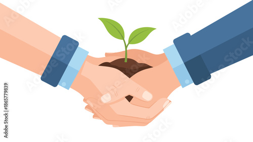 two hands from different people come together to support and protect a small green sprout growing from soil, symbolizing growth and unity.