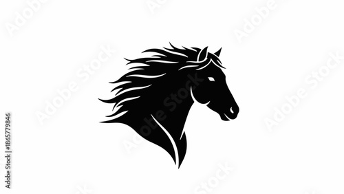 Majestic black horse head silhouette with flowing mane against a clean white background.