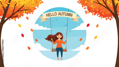happy girl swinging on a rope swing between autumn trees with falling leaves and a blue sky, capturing the joy of the fall season.