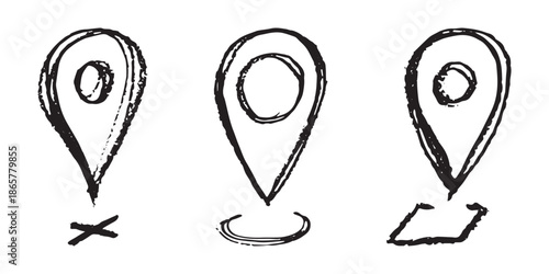 Set of hand drawn map pin Map marker pointer sign GPS and mapping tools Location pin symbol Pinpoint clipart in doodle style Single element for web, design
